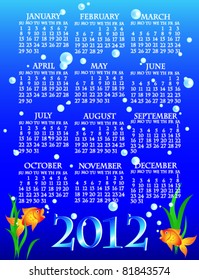 EPS 10: Fun and colorful complete 2012 goldfish calendar with algae and bubbles over deep blue water.