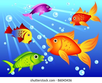 EPS 10: Fun and colorful sea creatures: goldfish with other colorful options with blue bubbles.