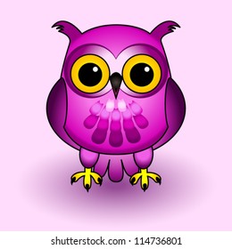 EPS 10: Fun and cute owl cartoon character, all in pink and purple tones, over soft background with drop shadows.