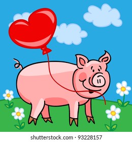 EPS 10: Fun and cute pig cartoon holding a floating red heart shape balloon to give to his love on valentine's day.