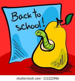 EPS 10: Fun grungy cartoon of friendly worm inside a pear in front of blue paper or sticky note with "back to school" on it.