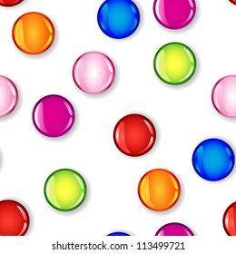 EPS 10: Fun seamless pattern made of glossy circles or bubbles in pale and dark pink, red, blue, lime green and orange, all with shadows over white background.