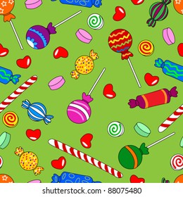 EPS 10: Fun seamless pattern made of all kinds of colorful candy including lollipops.