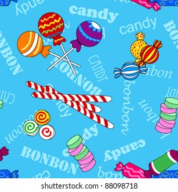 EPS 10: Fun seamless pattern made of all kinds of colorful candy including lollipops over blue background with candy and bonbon text.