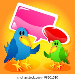 EPS 10: Funny and cute bird cartoon characters talking with glossy speech bubbles.
