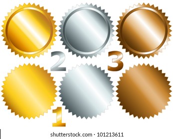 EPS 10: Gold, Silver And Bronze Games Related Set Of Rosette Medal Or Label With Related Numbers In Metallic Colors