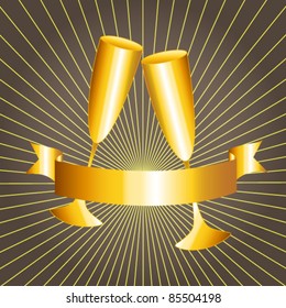EPS 10: Golden celebration: gold cups and ribbon banner with sunburst over dark grey background, perfect 50th anniversary card.