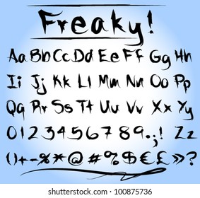 EPS 10: Graphic freaky or grungy font with alphabet in capitals and lower cases, numbers, monetary  and other symbols.