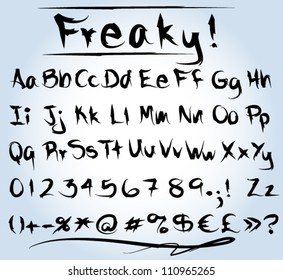 EPS 10: Graphic freaky or grungy font with alphabet in capitals and lower cases, numbers, monetary  and other symbols.