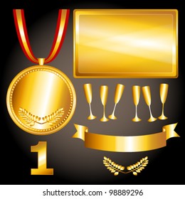 EPS 10: Great sports and games related objects withfirst position gold medal, ribbon and position number