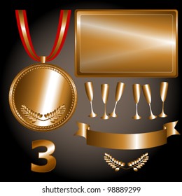 EPS 10: Great sports and games related objects with third position bronze medal, ribbon and position number