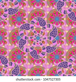 Eps 10. Image for coloring books, tattoo, decorate plates, porcelain. Beige, violet and pink. Vector Mandala with hand drawn elements and flowers in Arabic, Indian, turkish, pakistan, ottoman motifs.