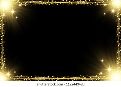 Eps 10 luxury background. Sparkling gold bokeh shiny yellow lights decorative rectangular border design  