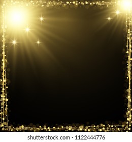 Eps 10 luxury square frame design. Sparkling golden lights shiny yellow bokeh background decorative element