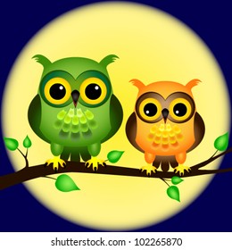 EPS 10: Pair of fun cartoon owls perched on branch on a night with full moon behind them.