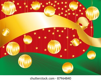 Eps 10: Perfect holiday card with gold ribbon and  Christmas ornaments on funky red and green wavy striped background.