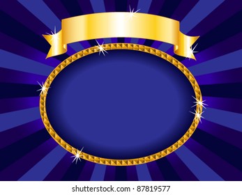 EPS 10: Royal blue and gold round billboard or placard with gold ribbon and sunburst, ready for an announcement or card.