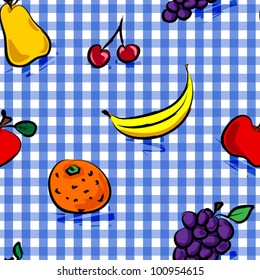 EPS 10: Seamless collection of grungy, crude, rough outline hand drawn fruits with shadows over blue gingham pattern, perfect picnic table cloth.