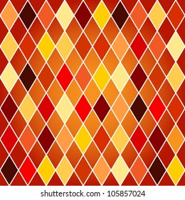 EPS 10: Seamless harlequin or argyle pattern made of colorful yellow, orange and red tone diamonds with white border over orange background.