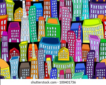 EPS 10: Seamless pattern of colorful crooked cartoon buildings on black background, fun cityscape wallpaper or background.