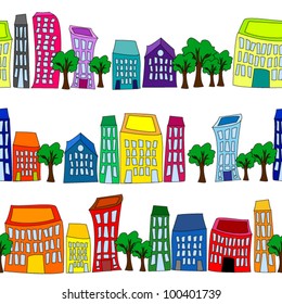 EPS 10: Seamless pattern of colorful crooked cartoon buildings on white background, fun cityscape borders or wallpaper.