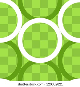 EPS 10: Seamless pattern of empty circles or rings on top of checker boar in green and white, very graphic and bold, great for fabric, backgrounds and the likes.