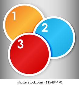 EPS 10: Set 1 of colorful round label or stickers in bright colors with 1,2,3, numbers in white, over light grey gradient background, ready for your text.