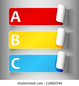 EPS 10: Set 1 of cute and colorful peeling off label or sticker in primary colors with shadows, big A, B, C letters in white, over light grey gradient background, ready for your text.