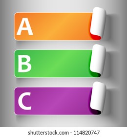 EPS 10: Set 2 of cute and colorful peeling off label or sticker in secondary colors with shadows, big A, B, C letters in white, over light grey gradient background, ready for your text.