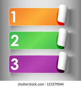 EPS 10: Set 2 of cute and colorful peeling off label or sticker in secondary colors with shadows, big 1,2,3, numbers in white over light grey gradient background, ready for your text.