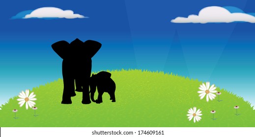 Eps 10 Set of editable vector silhouettes of African elephants in default poses