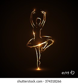 Eps 10. Silhouette of ballerina, dancers in movement on pointe and tutu. Drawn by hand with a stroke of golden color with light on a black background. Both hands are raised up, one leg bent. Vector.