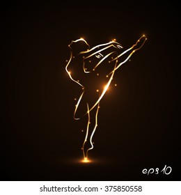 Eps 10. Silhouette of ballerina, dancers in movement on pointe and tutu. Drawn by hand with a tracings of golden color with light on a black background. Both arms and a leg lifted up. Vector. Icon.