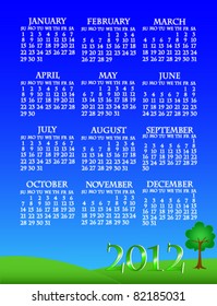 EPS 10: Simple and beautiful sky with grass and tree landscape background with complete year 2012 calendar.