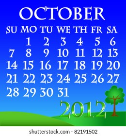 EPS 10: Simple and beautiful sky with grass and tree landscape background with month of October 2012 calendar.