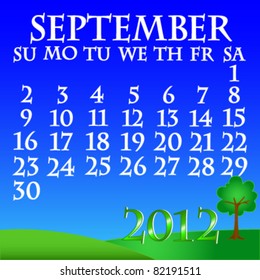 EPS 10: Simple and beautiful sky with grass and tree landscape background with month of September 2012 calendar.