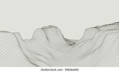 EPS 10 terrain wide angle. Abstract digital vector landscape background. Cyberspace grid. 3d technology vector illustration.