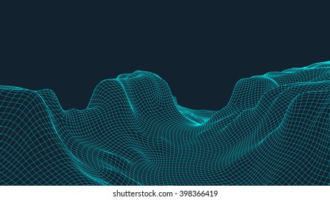 EPS 10 terrain wide angle. Abstract digital vector landscape background. Cyberspace grid. 3d technology vector illustration.