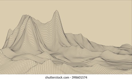 EPS 10 terrain wide angle. Abstract digital vector landscape background. Cyberspace grid. 3d technology vector illustration.