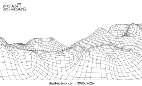 EPS 10 terrain wide angle. Abstract digital vector landscape background. Cyberspace grid. 3d technology vector illustration.