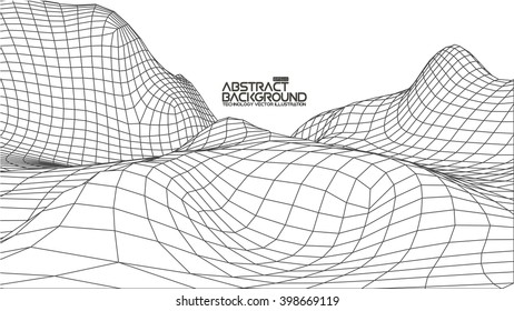 EPS 10 terrain wide angle. Abstract digital vector landscape background. Cyberspace grid. 3d technology vector illustration.