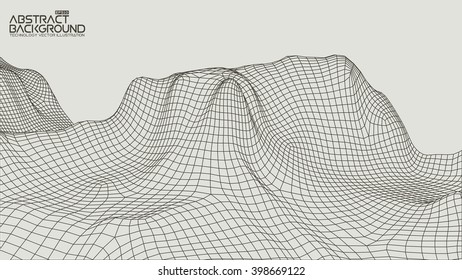 EPS 10 terrain wide angle. Abstract digital vector landscape background. Cyberspace grid. 3d technology vector illustration.