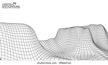 EPS 10 terrain wide angle. Abstract digital vector landscape background. Cyberspace grid. 3d technology vector illustration.