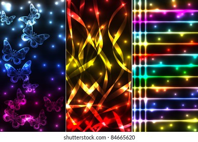 EPS 10: Three options of plasma banners with colorful flying butterflies, criss crossing ribbons and grid.