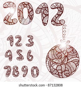 eps 10, vector 2012 and other numbers with christmas ball on ethnic  background