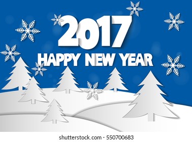 eps 10 vector 2017 banner with cut paper effect. Realistic greeting card design with paper cuttings and falling snowflakes. Clip art graphic background illustration