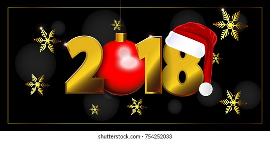 eps 10 vector 2018 calendar cover for web, print, design. Happy New Year 2018 greeting poster. Golden falling snowflakes and 2018 digits, decoration ball, Santas red hat isolated on black background