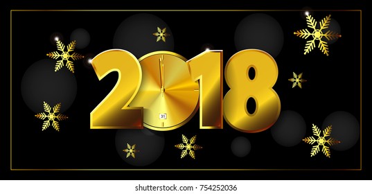 eps 10 vector 2018 calendar cover for web, print, design. Happy New Year 2018 greeting poster. Golden falling snowflakes and 2018 digits isolated on black background. Clip art graphic illustration