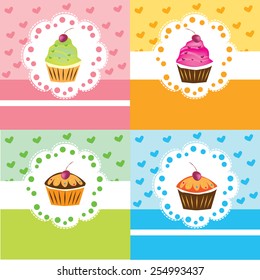 Eps 10 vector of 4 hand drawn illustrations of cute colorful cupcakes with cherry. Can be used for wallpaper, web page background, surface textures banners and print advertisement for bakeries.