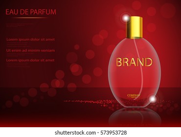 eps 10 vector advertising poster of luxury eau de parfum isolated on bokeh background. Premium cosmetics and perfumery advertisement banner for web, print. Realistic glass bottle with vaporizer spray